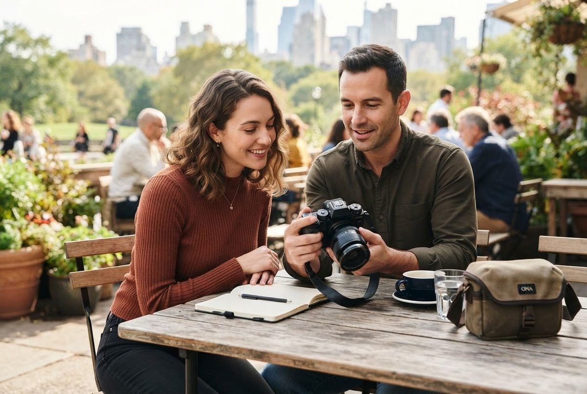 Photographer showing camera to client