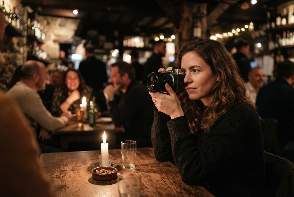 Woman in a dark sweater photographing in a dim bar, with a candle and glasses on a wooden table in the foreground