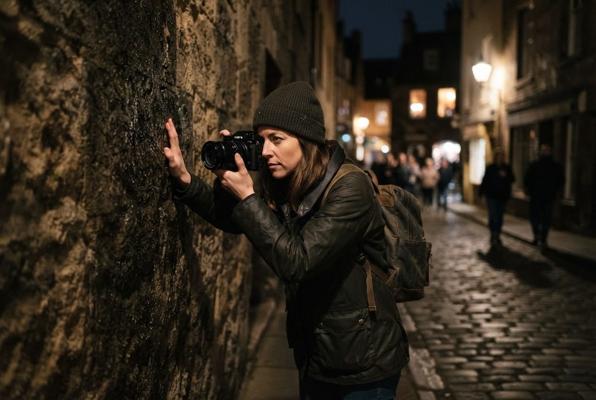 Woman in a beanie braces her camera against a stone wall on a dimly lit cobblestone street at night.