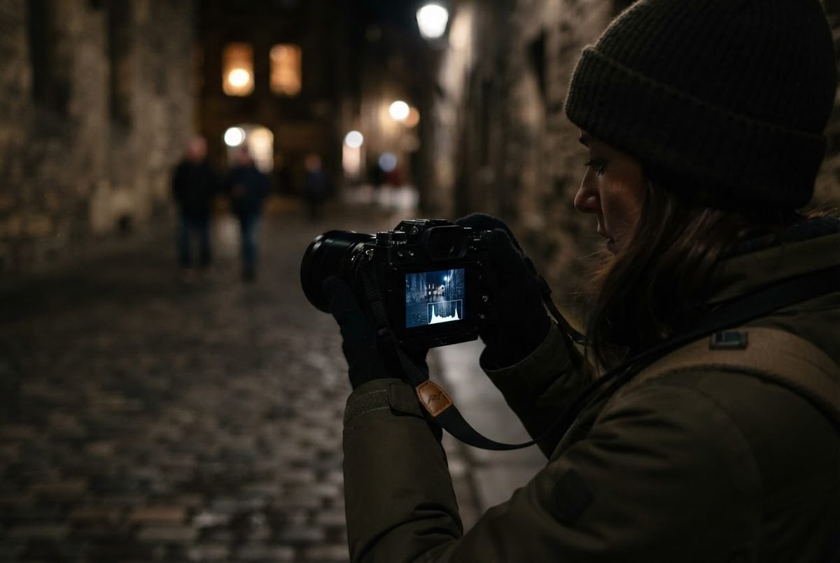 Woman in a knit beanie checks her camera's LCD screen while photographing a dimly lit cobblestone alley at night.