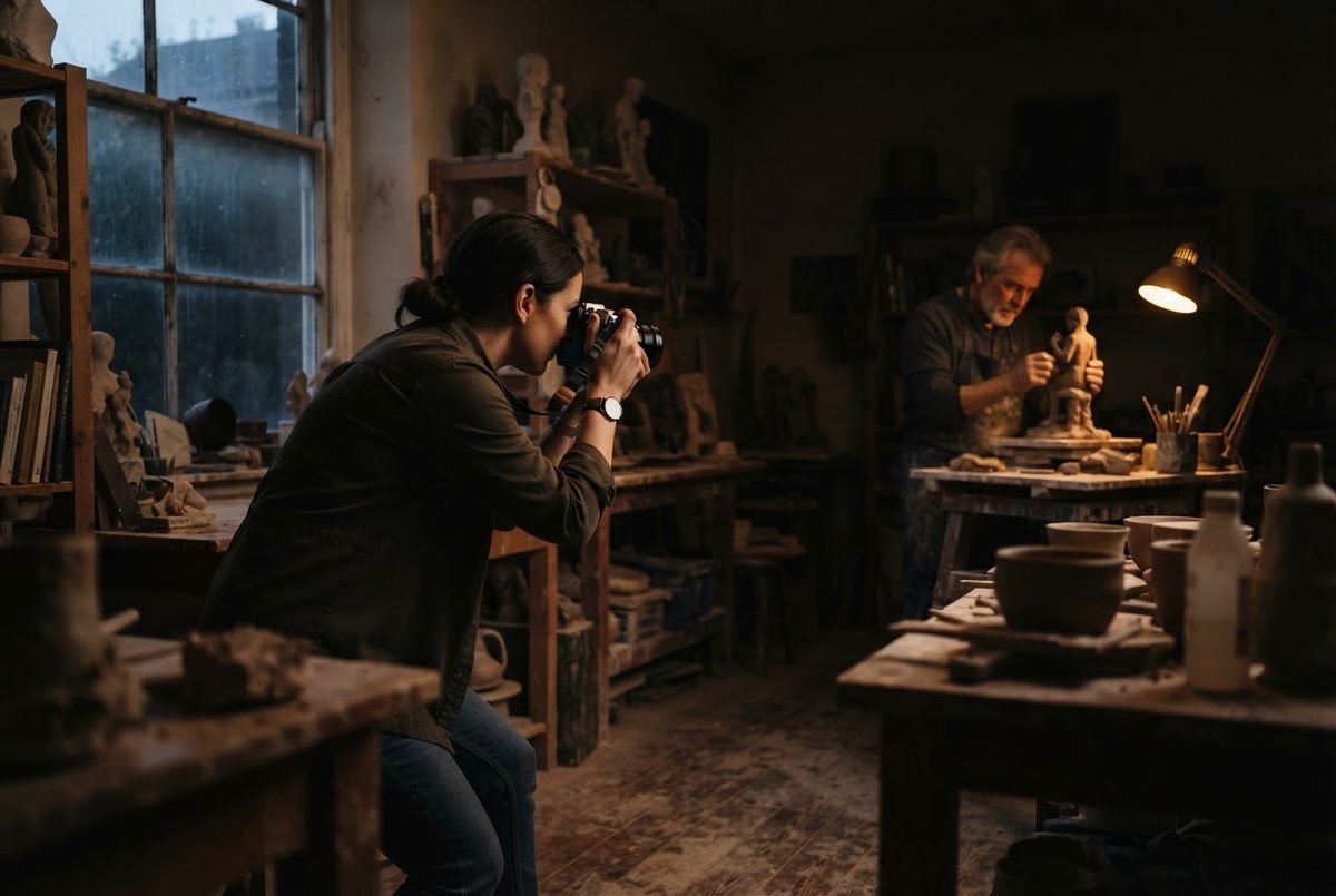 Woman shooting low light photography without flash in a dim sculpture studio; a man shapes clay under a lamp