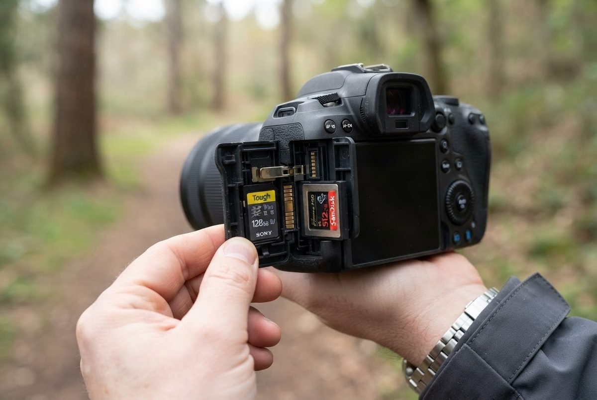 Camera with dual memory card slots open