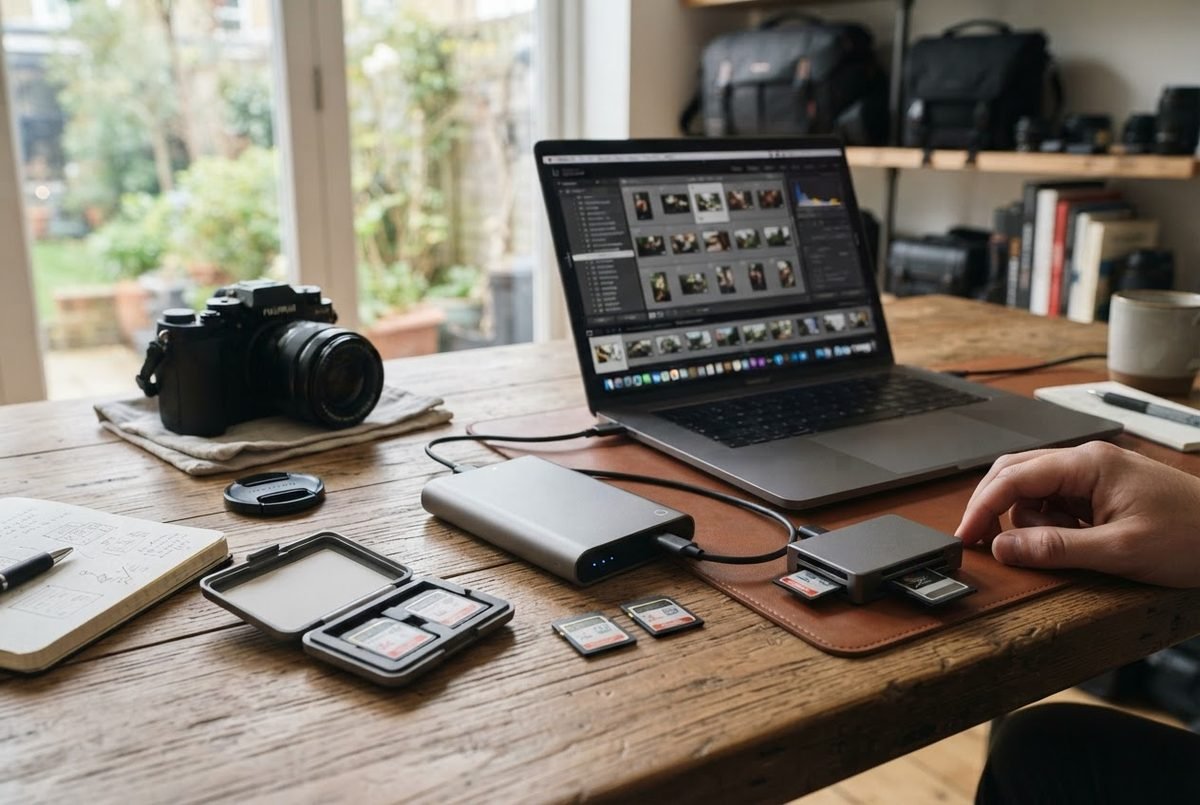 Wooden desk with a camera, laptop showing photo thumbnails, external drive, card reader and SD memory cards
