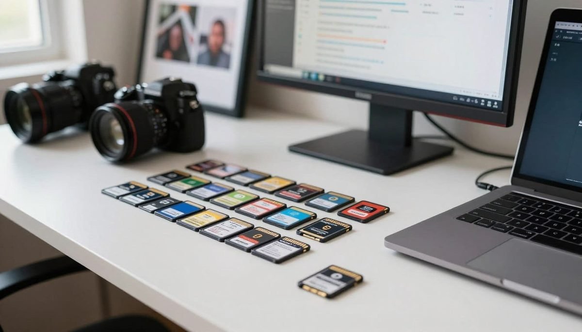 Rows of memory cards beside two DSLR cameras on a white desk, illustrating memory card tips for photographers