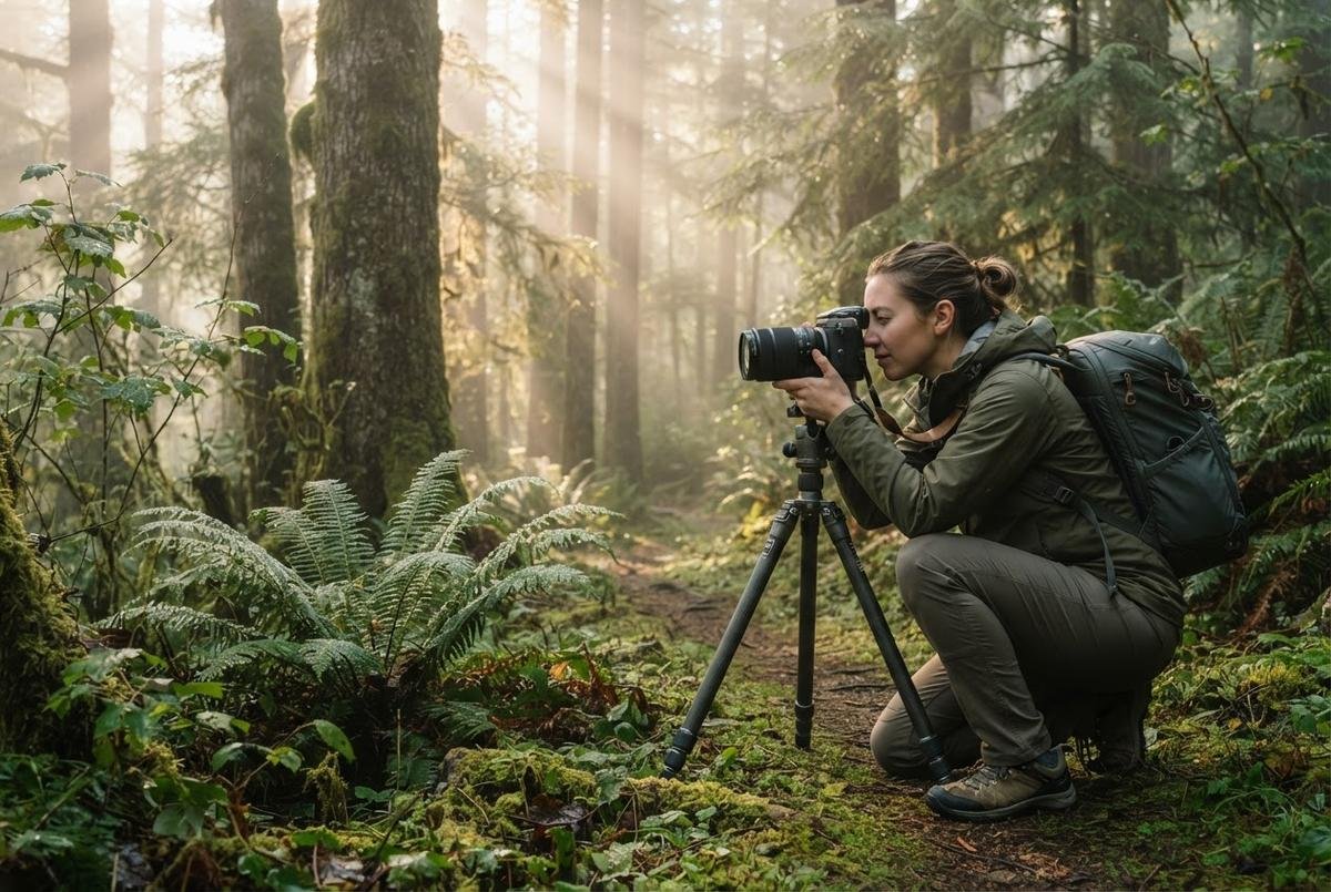 Woman photographer crouches on a forest trail, shooting with a camera on a tripod amid misty trees and ferns.