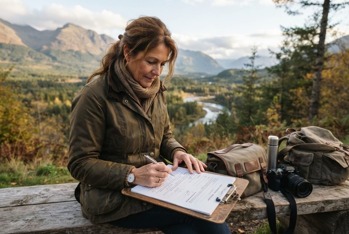 Woman in olive jacket filling out a form on a clipboard at a mountain overlook with a camera and bag beside her