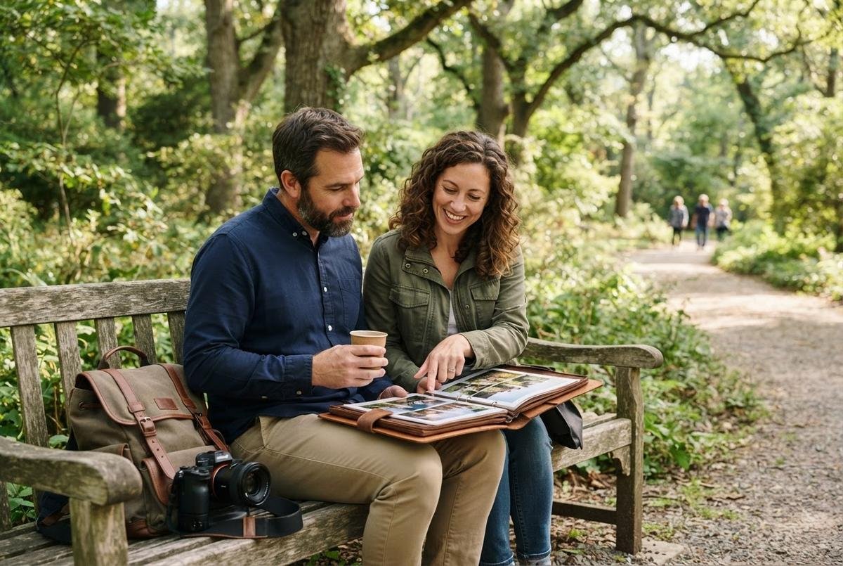 Bearded man and smiling woman on a park bench looking at a photo book, with a camera and bag beside them in a leafy wooded park.
