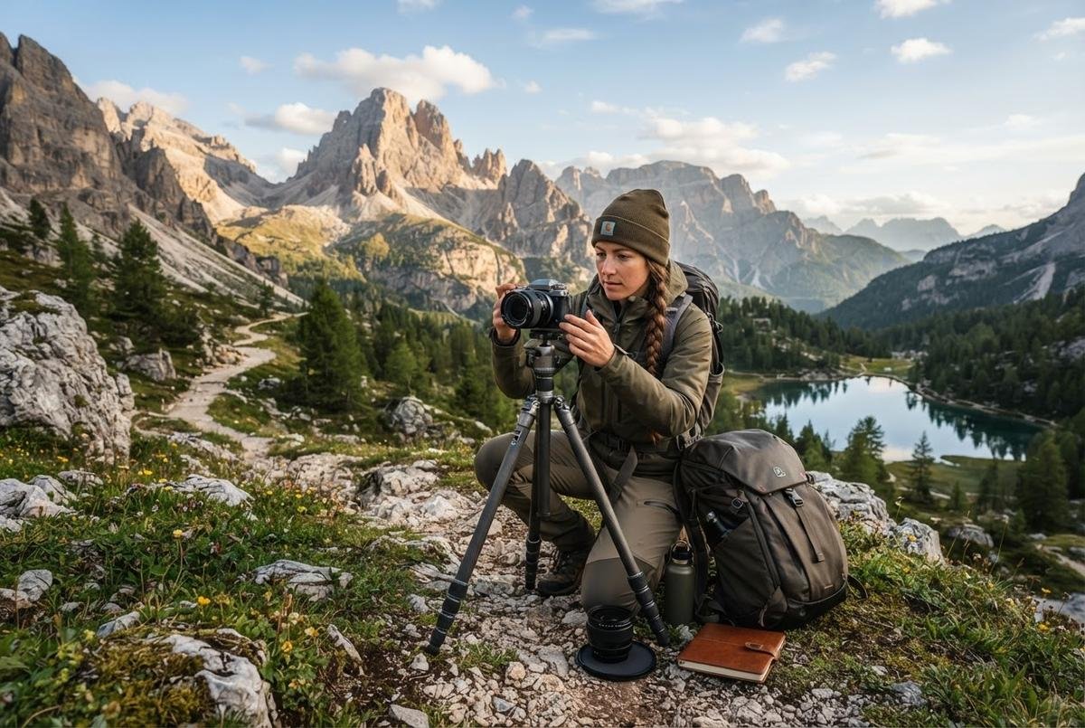 A photographer reviewing nature photography business name ideas on a tablet