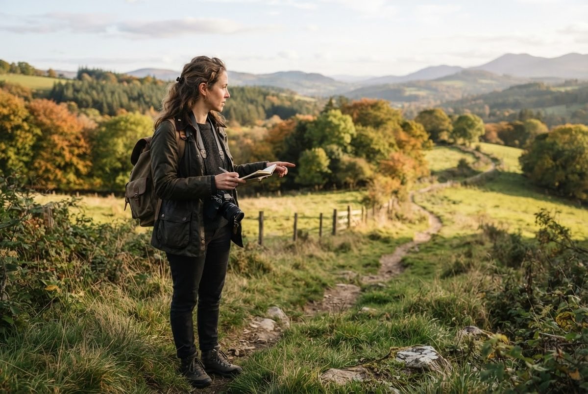 Photographer with a camera scouting outdoor portrait locations on an autumn hillside path at golden hour.