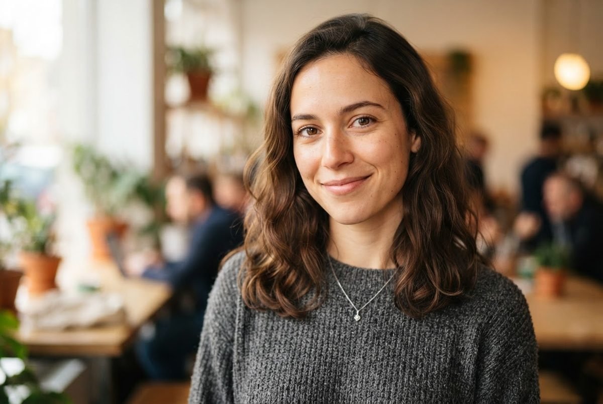 Smiling woman with wavy brown hair in a gray knit sweater and pendant necklace, in a blurred café with plants.