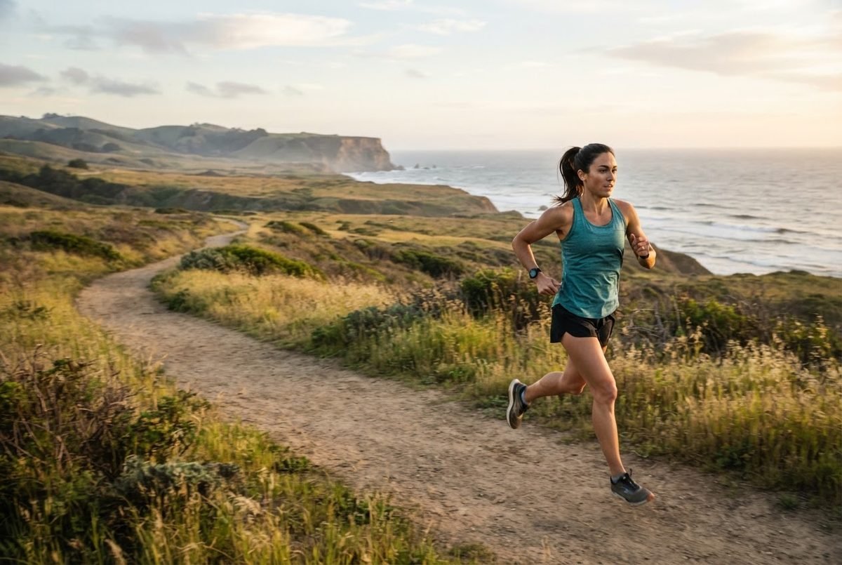 Woman in a teal tank top and black shorts runs on a dirt trail along a grassy coastal cliff at sunset.