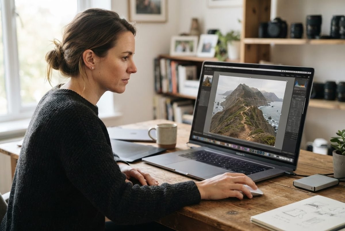 Photographer at a laptop applying photo cropping rules to a mountain coastline image in editing software