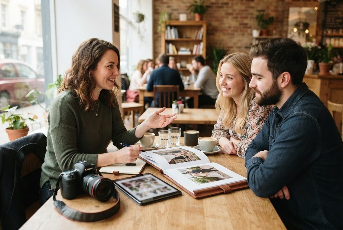 Photographer in a café showing a photo album to a smiling couple, with a camera and tablet on the table.