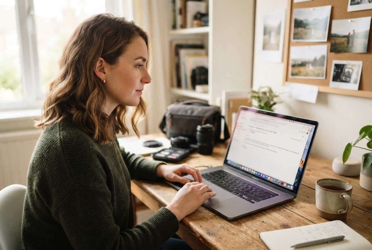 Woman in a green sweater typing an email on a laptop at a wooden desk, with a camera bag and coffee mug nearby.