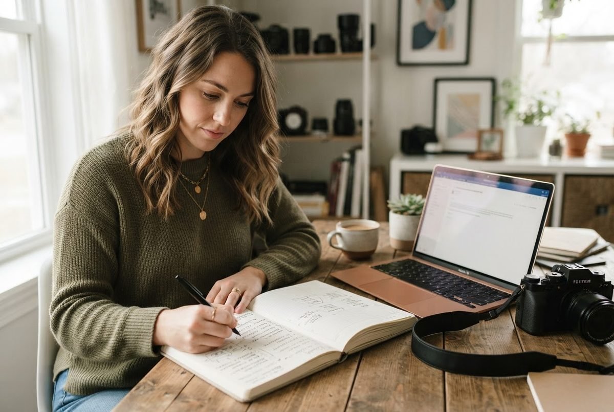 Photographer organising follow up tasks in a planner