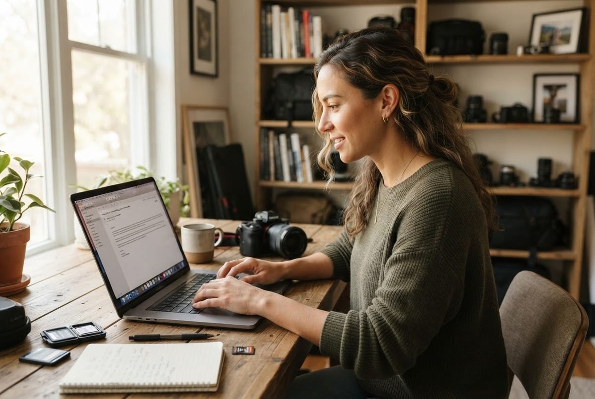 Woman photographer typing a photographer follow up email on a laptop at a wooden desk beside a camera and notebook.