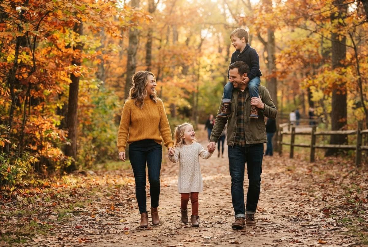 A smiling family walks hand in hand down a dirt path through an autumn forest, with the father carrying a young boy on his shoulders.