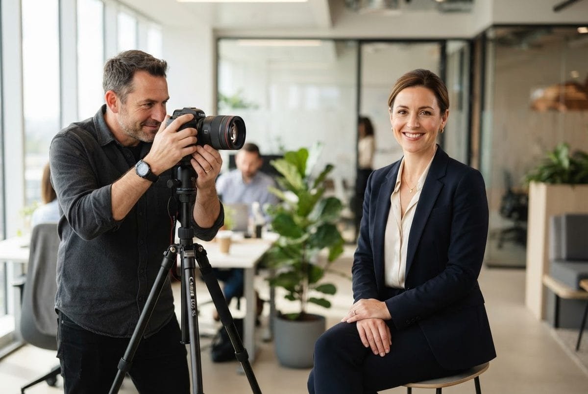Photographer shooting a smiling woman in a navy blazer on a tripod-mounted camera in a bright office.