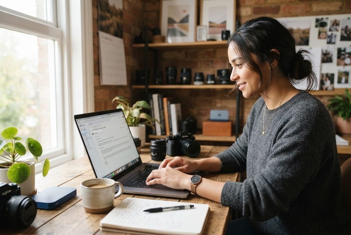 Smiling woman in gray sweater typing email on laptop at wooden desk beside coffee, notebook, and camera gear.