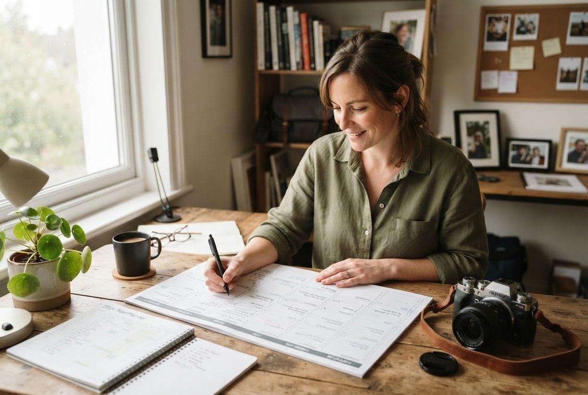 Photographer planning a year-round booking calendar with a laptop and notebook