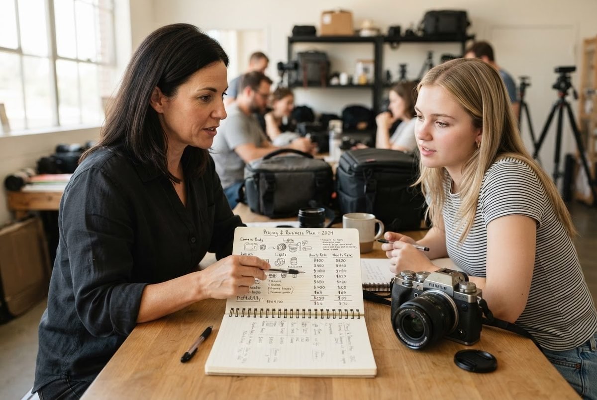 Notebook and camera on a desk at a photography workshop