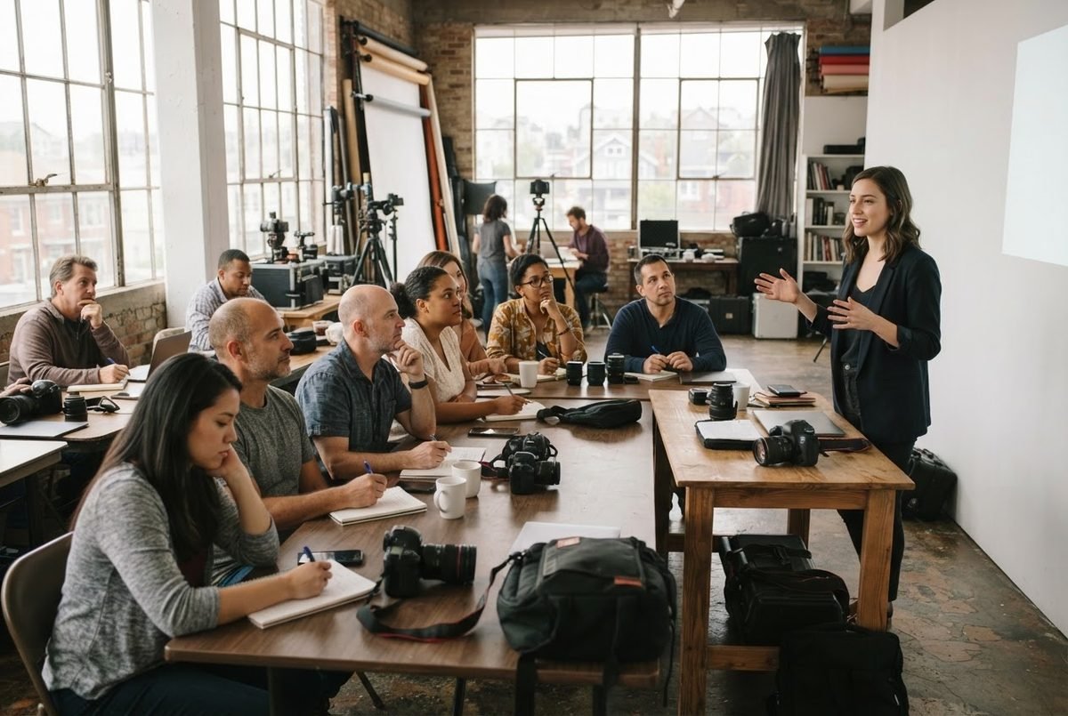 Instructor presents to photographers seated at a wooden table with cameras and bags in a studio classroom.