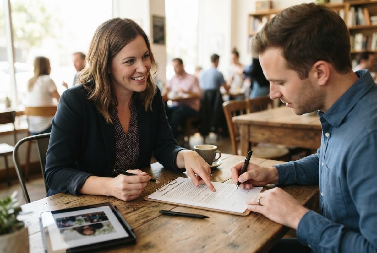 A smiling woman in a dark blazer points to a document as a man in a blue shirt signs it at a wooden café table.