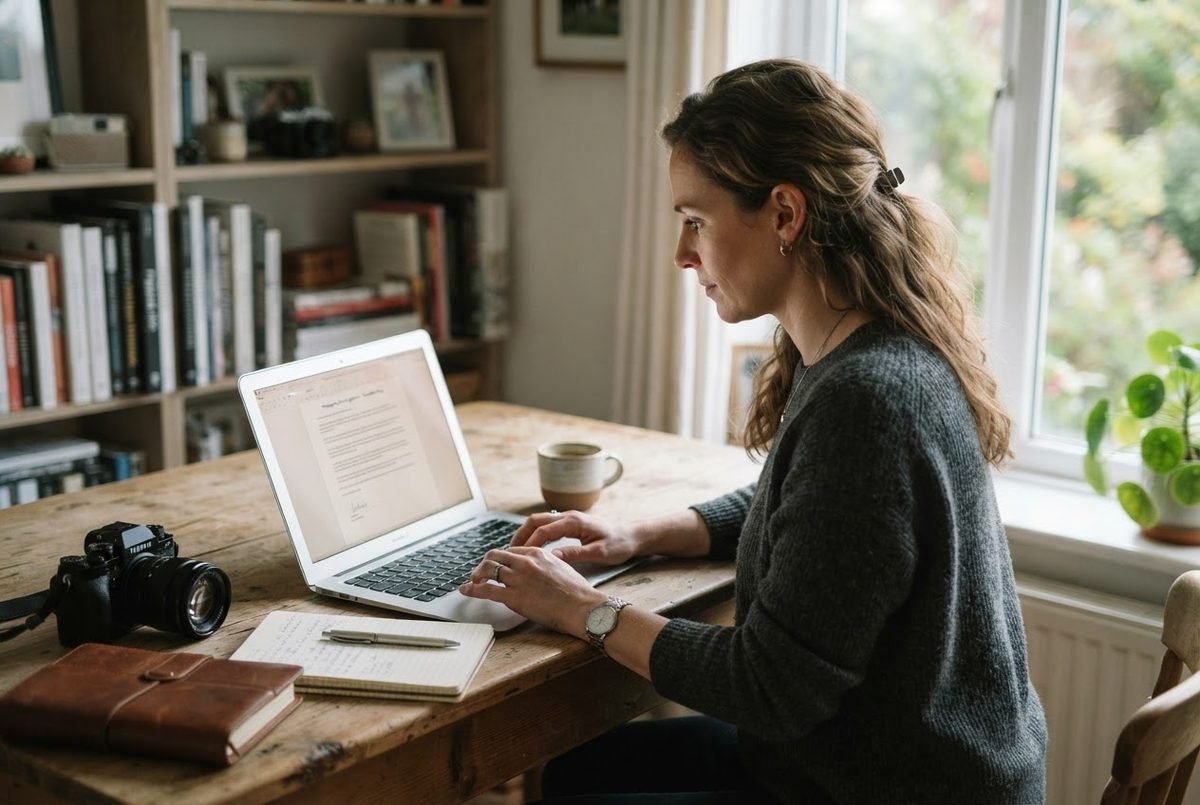 Woman typing on a laptop at a wooden desk beside a camera, notebook and coffee mug, by a bright window.