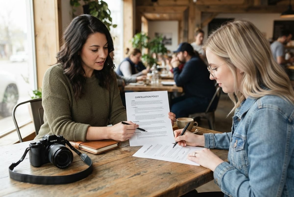 Photographer reviewing a cancellation policy document