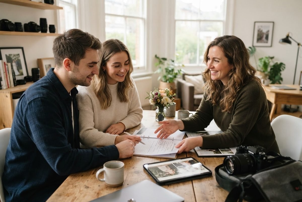 Photographer and a smiling couple reviewing a paper form at a wooden table, with a camera, tablet, and mugs nearby.