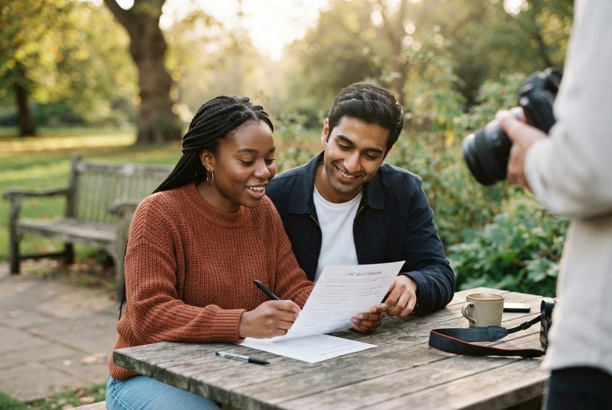 Photographer photographing diverse couple with inclusive language