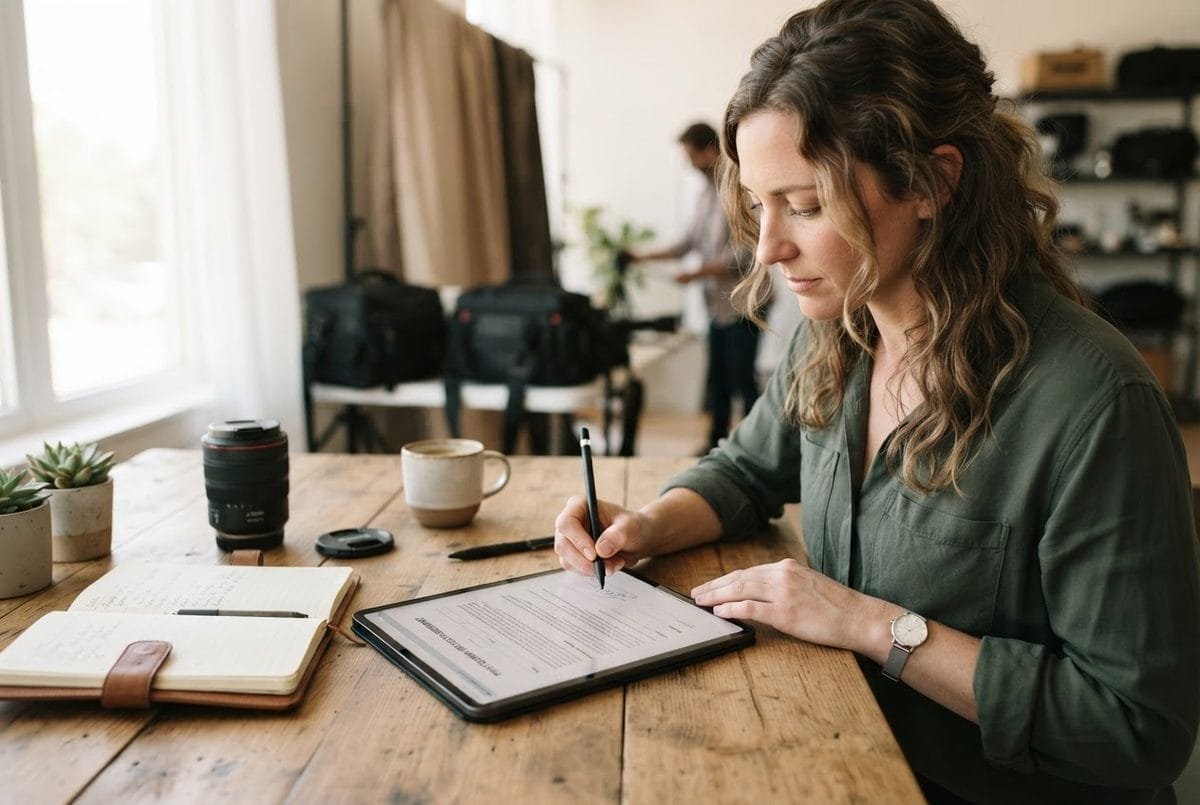 Woman with wavy hair writing on a tablet at a wooden table beside a camera lens and coffee cup.