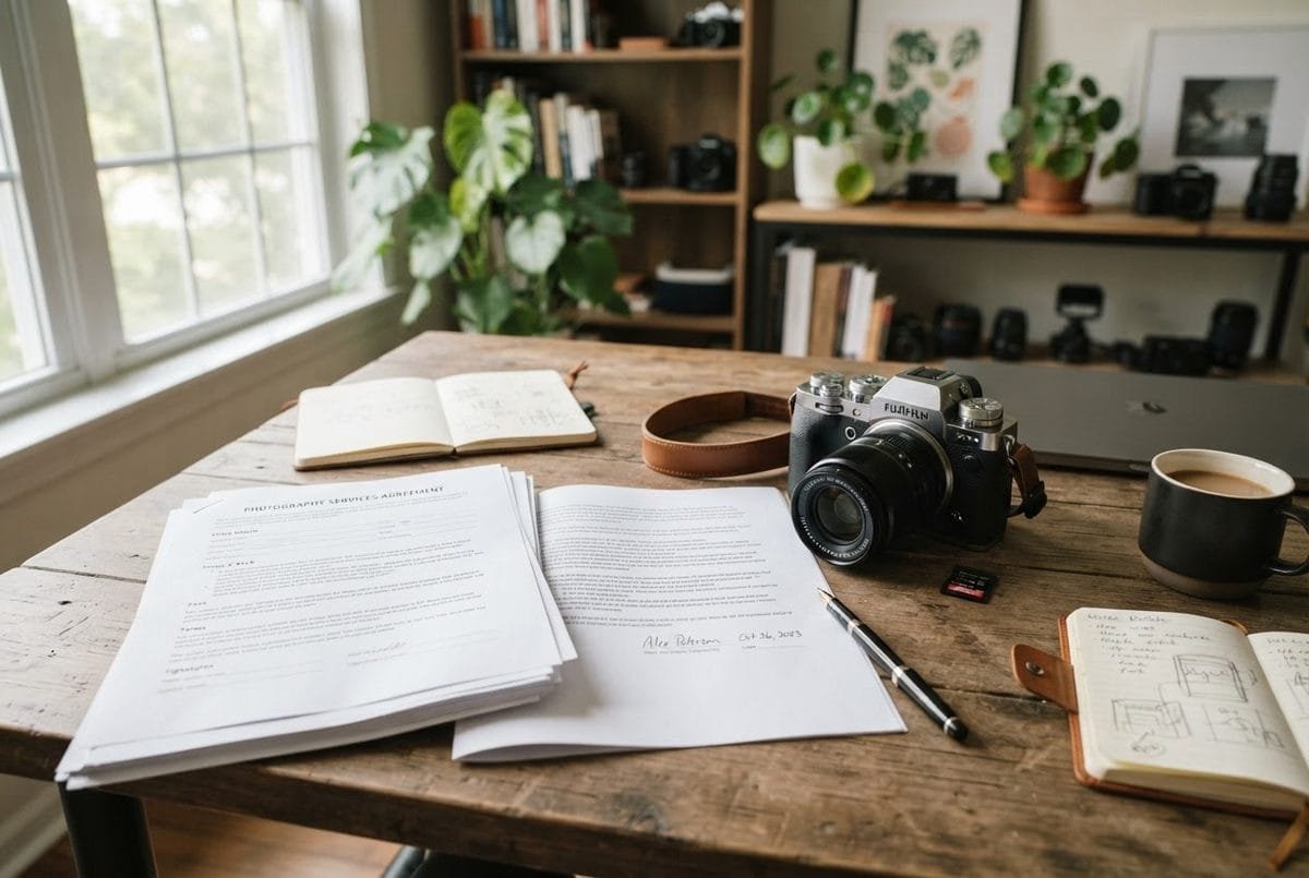 Flay-lay of a camera, lens, and a printed photography contract on a clean desk.