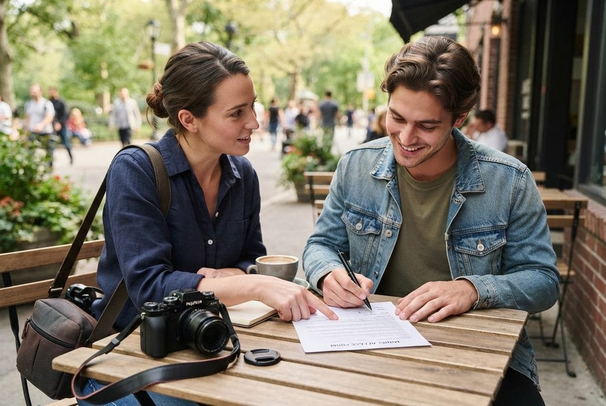 Photographer holding a model release clipboard during a portrait session outdoors.