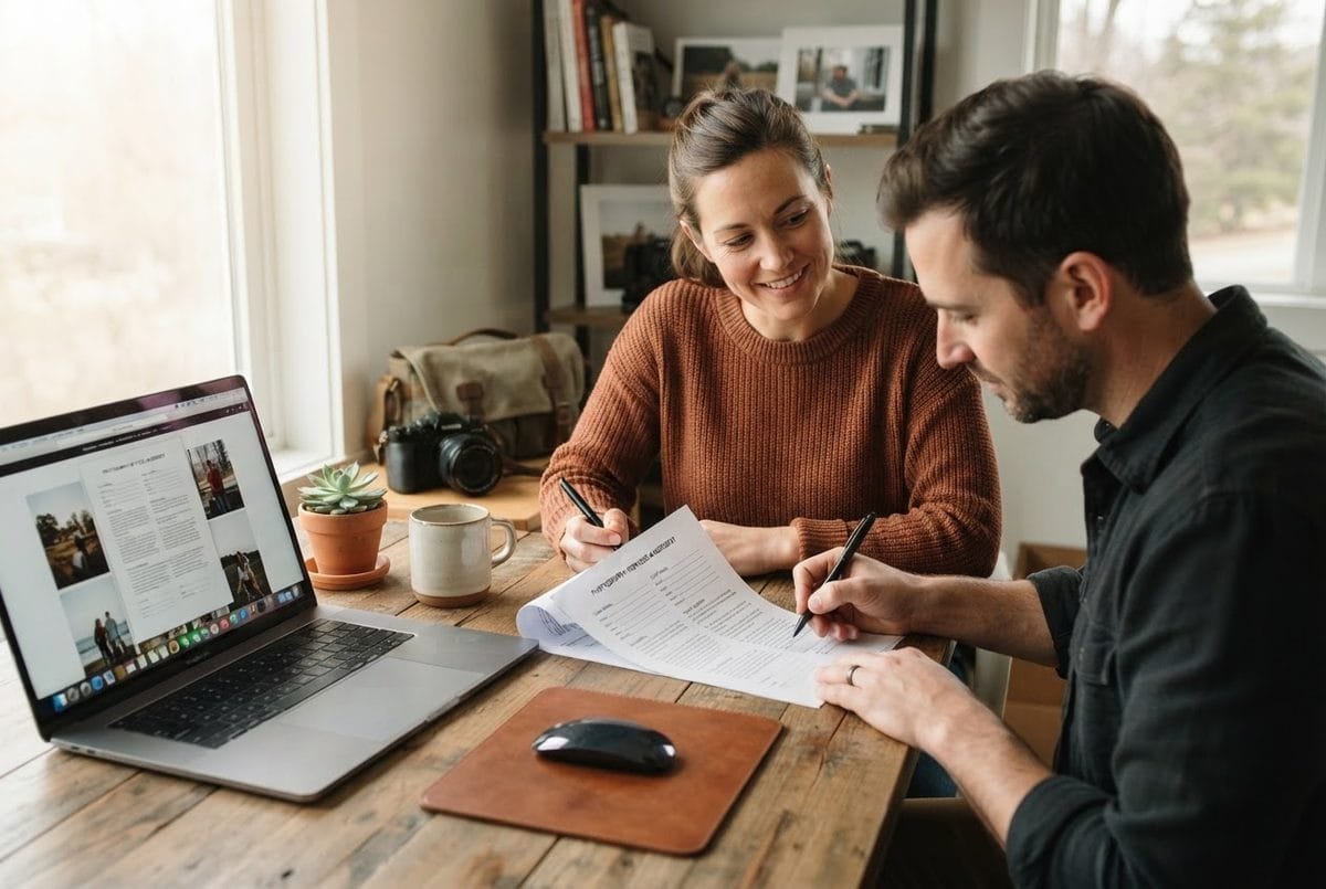 A man and woman sign a photography contract template on paper at a wooden table beside a laptop and camera.