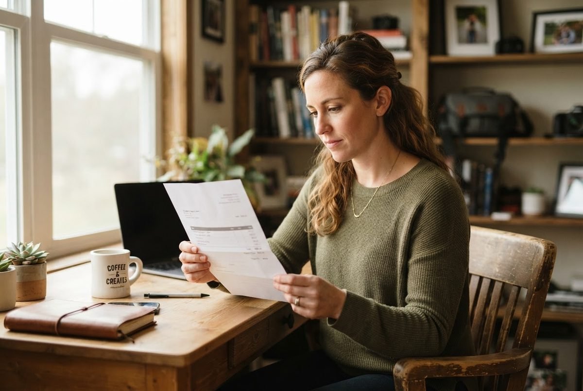 A client reviewing a detailed photography invoice at a coffee shop table.