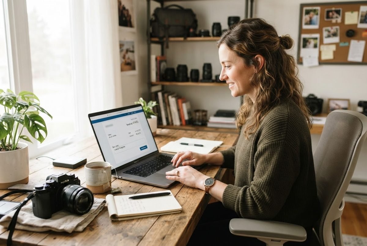 A photographer emailing a final invoice to a client from a bright home office.