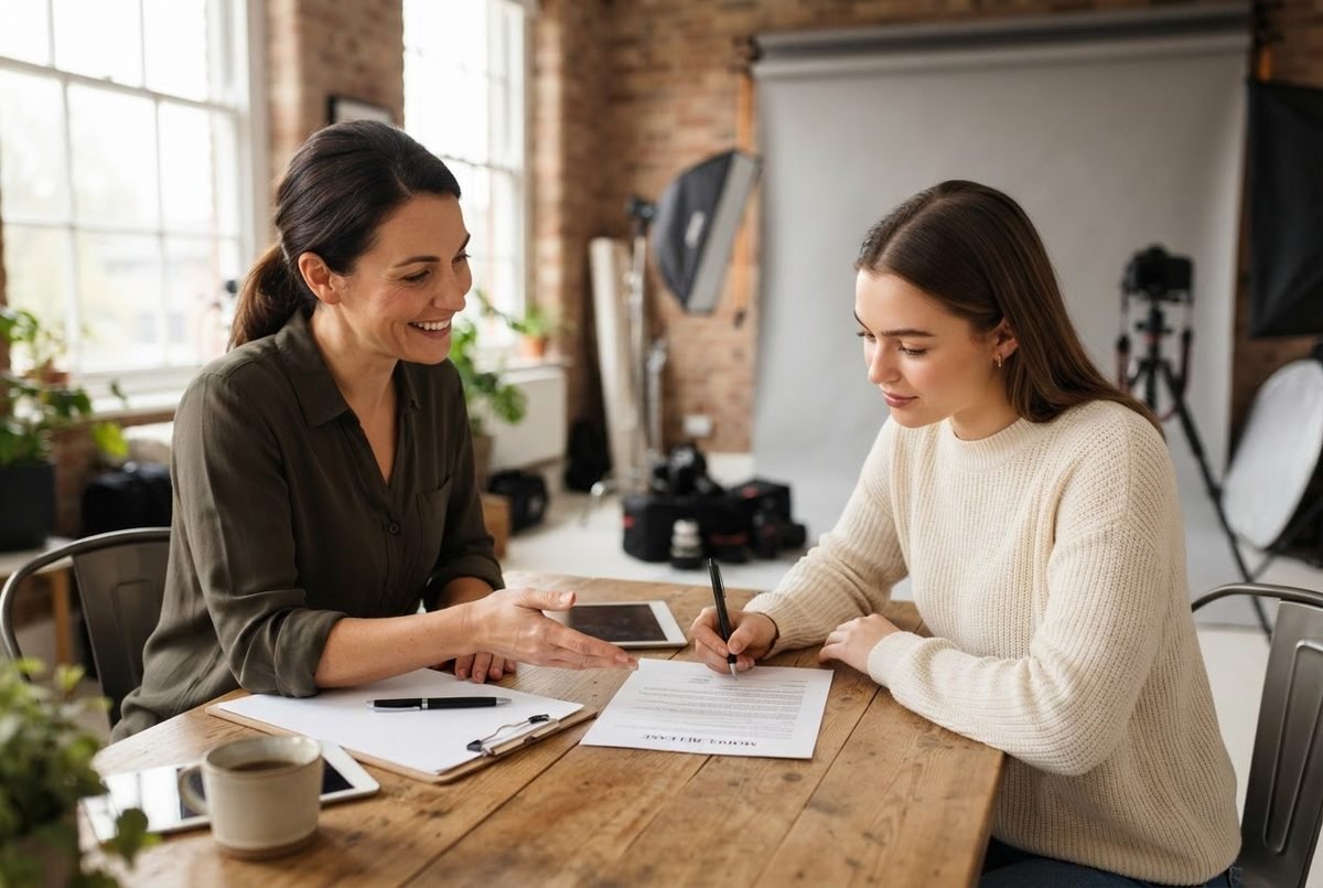 Two women seated at a wooden table in a photo studio; one gestures while the other signs a document with a pen.