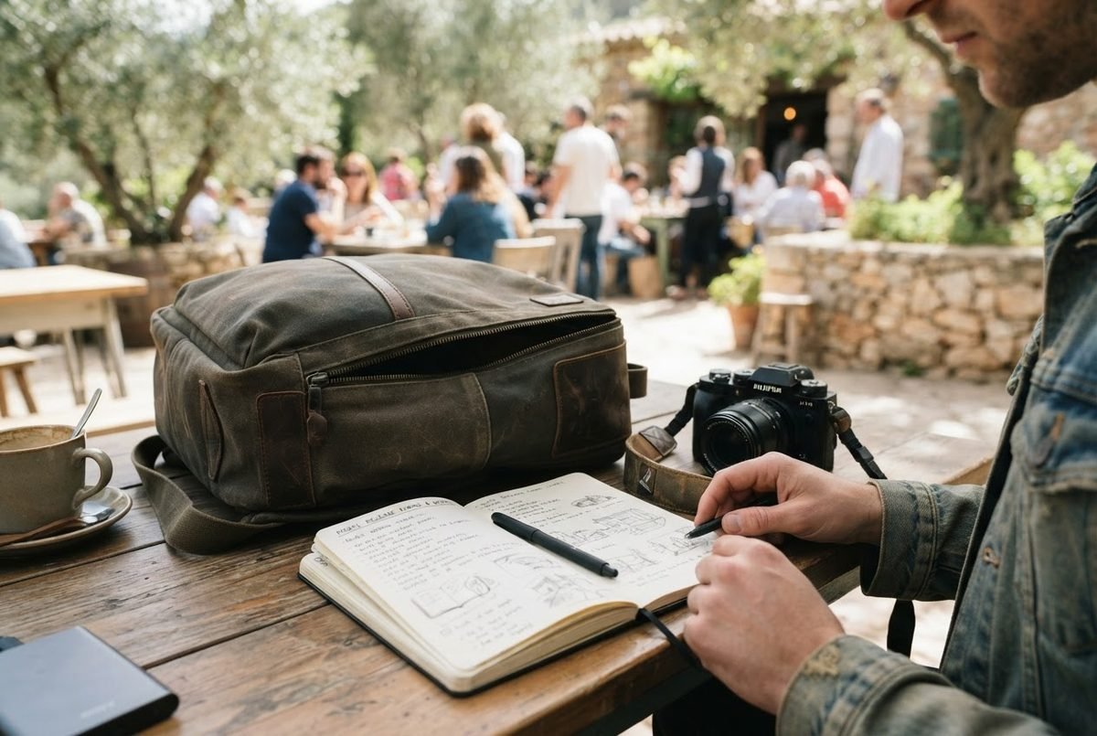 Camera bag with blank model release forms and a notebook ready for a shoot