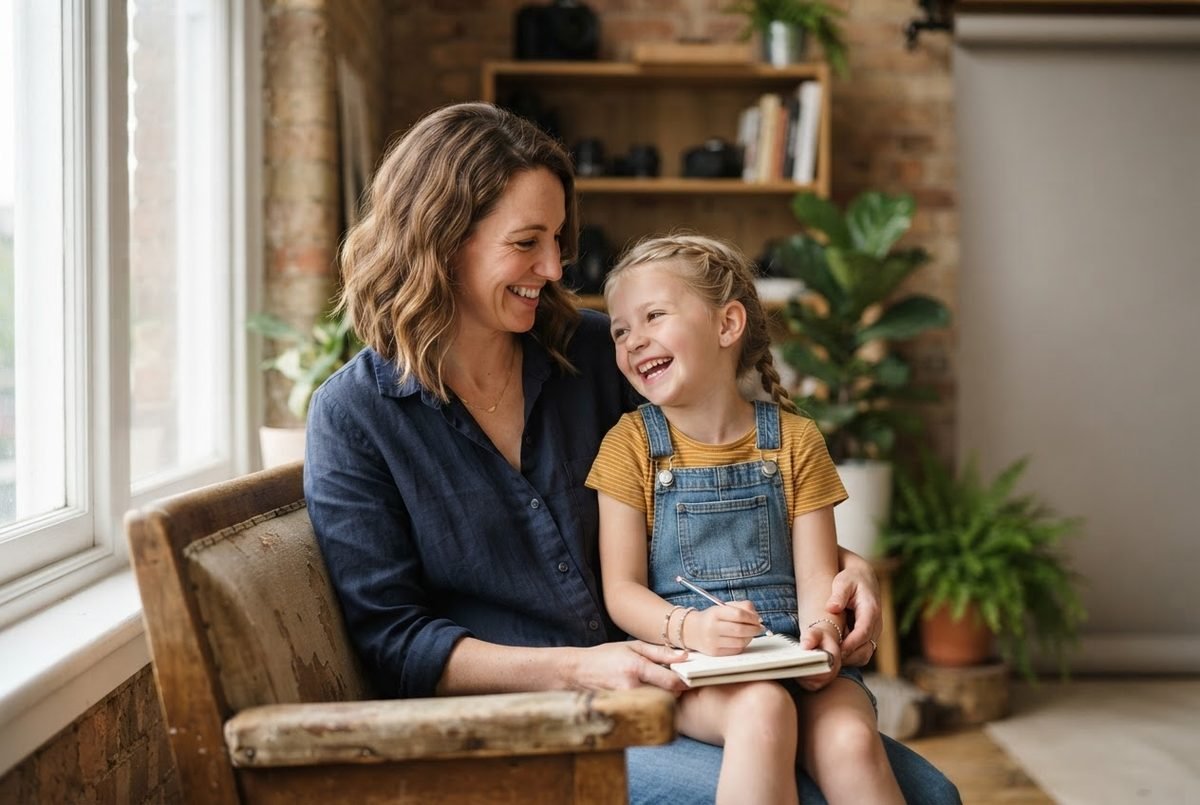 Smiling woman in denim shirt sits with laughing young girl in overalls holding a notebook in a bright room.