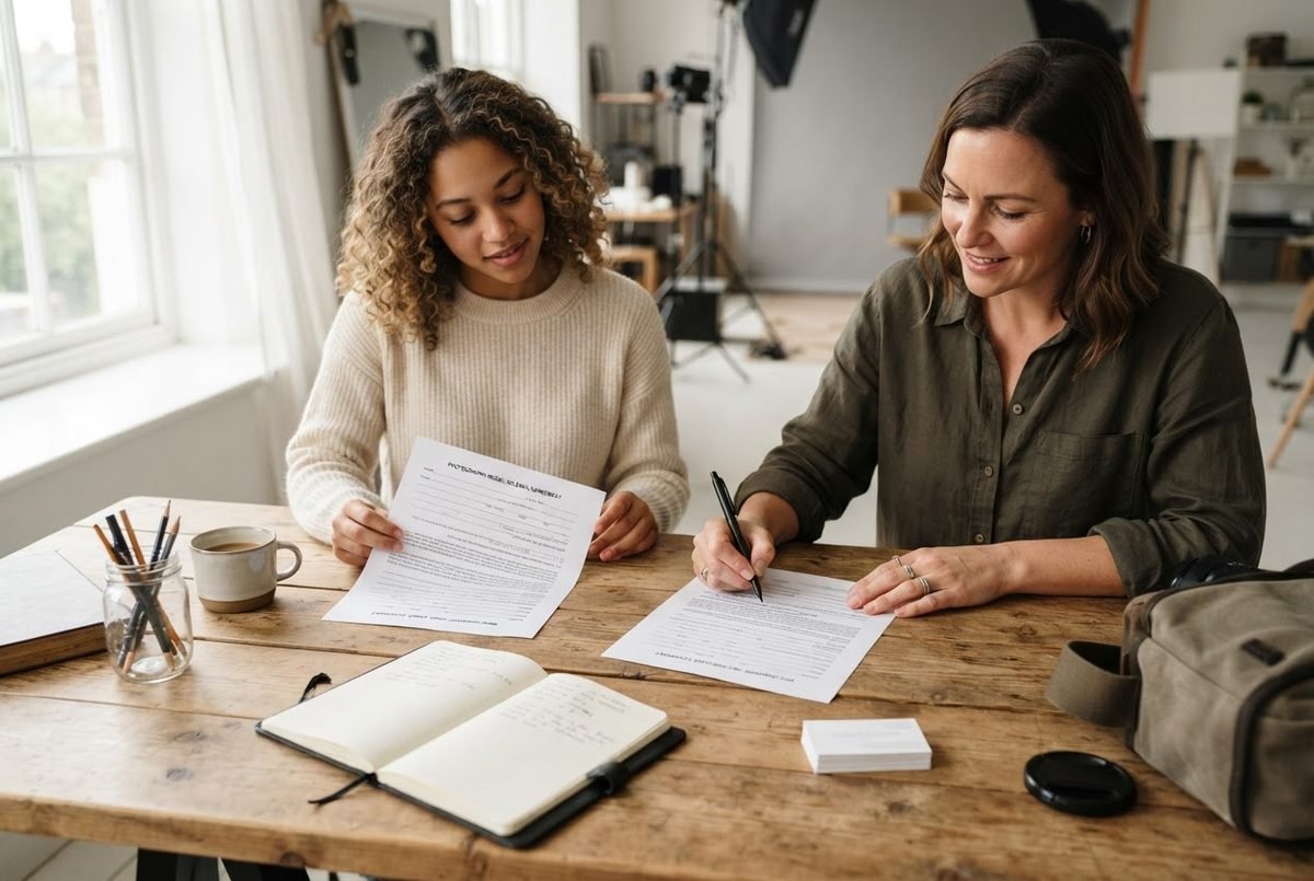 Two women at a wooden table reviewing a photography model release form, one signing with a pen beside a camera bag.