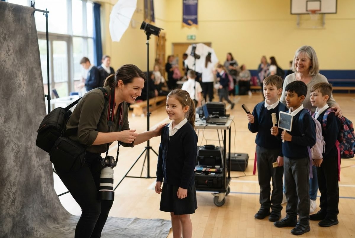 Photographer poses a smiling schoolgirl in uniform before a grey backdrop as classmates wait in a school hall.