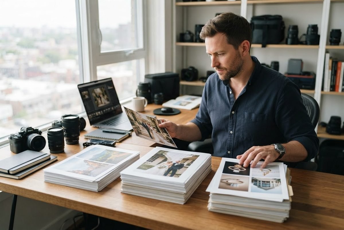 Photographer reviewing printed photo samples beside a laptop while weighing photography niches that pay well