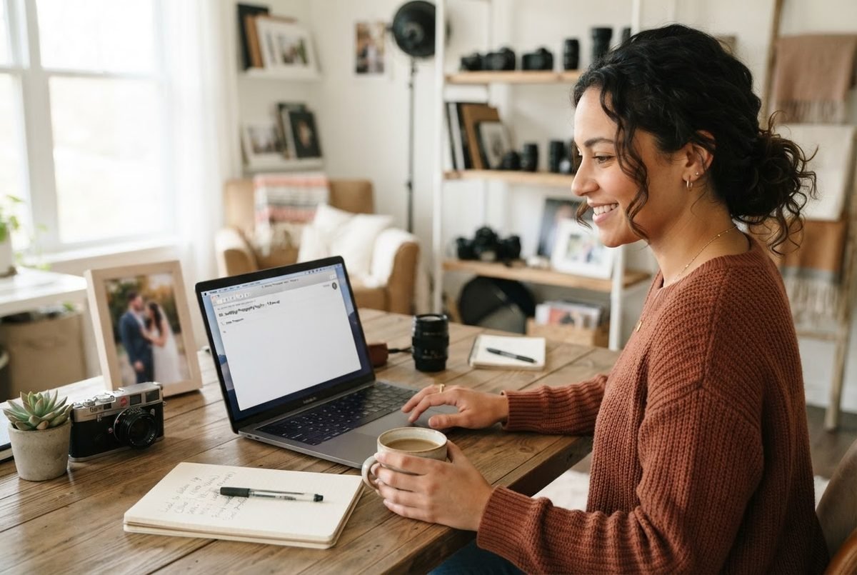 Photographer typing a follow-up email to a potential client