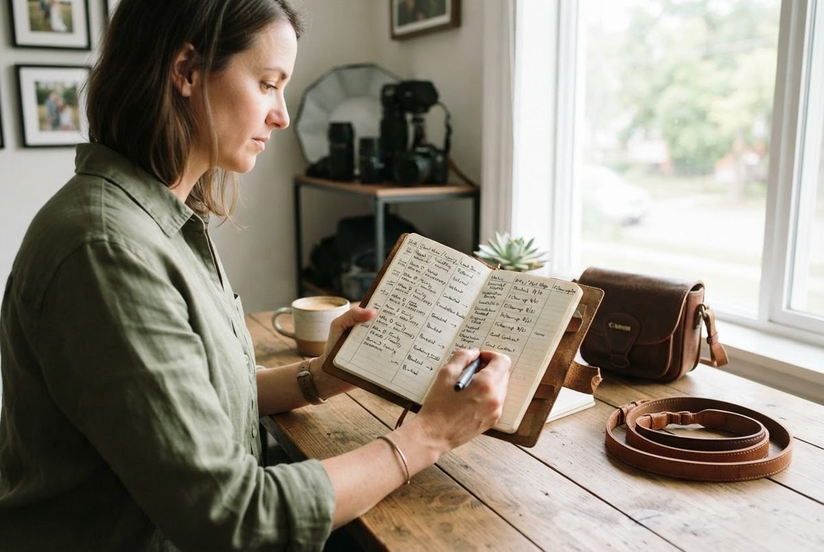 Photographer organising client notes in a simple notebook