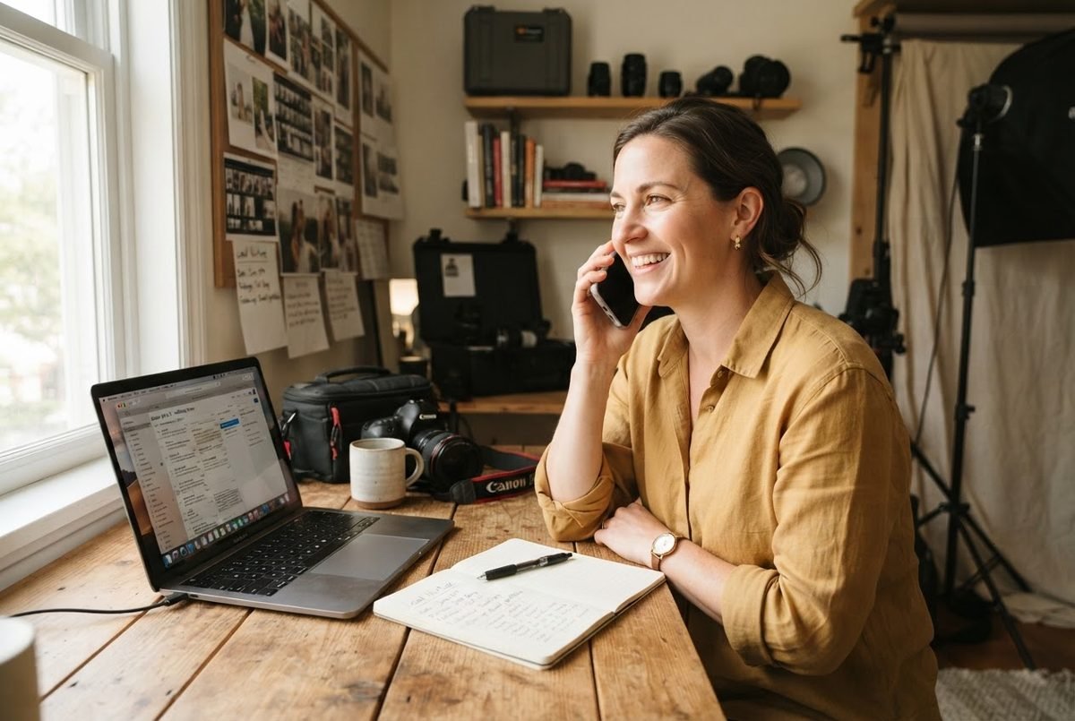 Photographer having a friendly phone conversation with a lead