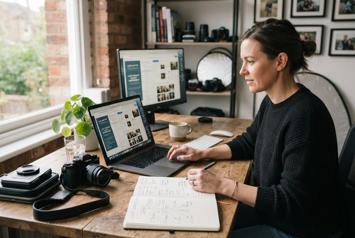 Professional photographer at a desk planning client communication