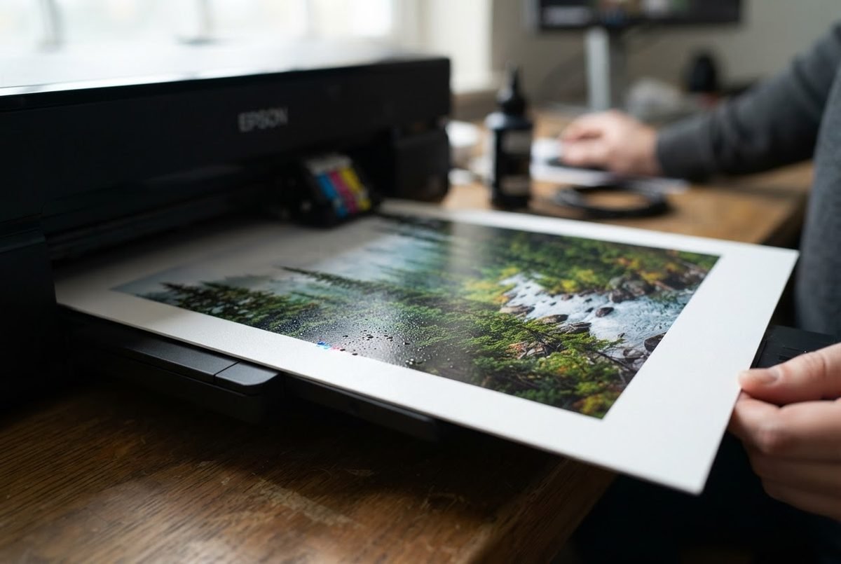 Close-up of a photo print emerging from an inkjet printer
