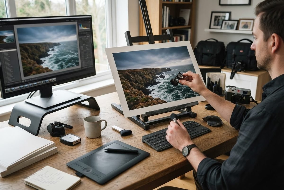Photographer compares a printed coastal landscape on an easel with the same photo on a monitor at a wooden desk.
