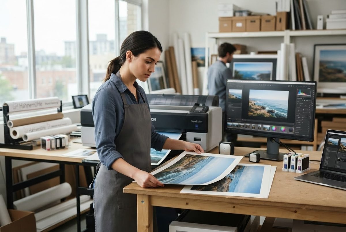 Photographer checking a test print against a calibrated monitor